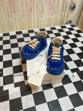 Gucci Kids Patent Royal Blue Sneakers with Cream Laces